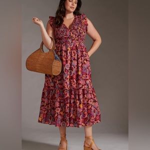 Anthropologie The Peregrine Midi Dress  Red Motif XL, like new